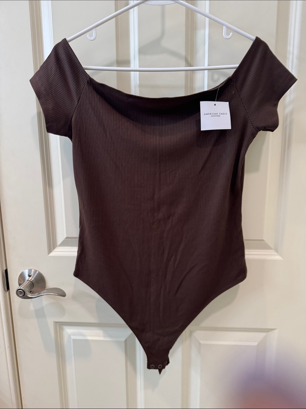 American Eagle Outfitters Ribbed Off-Shoulder Bodysuit — Brown